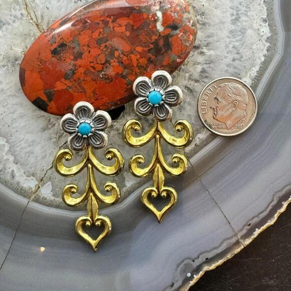 Carolyn Pollack Sterling & Brass w/Turquoise Floral Post Earrings For Women - Picture 8 of 10